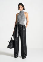 Mirim - Halter Cable Knit Wool Top with Tie - Grey