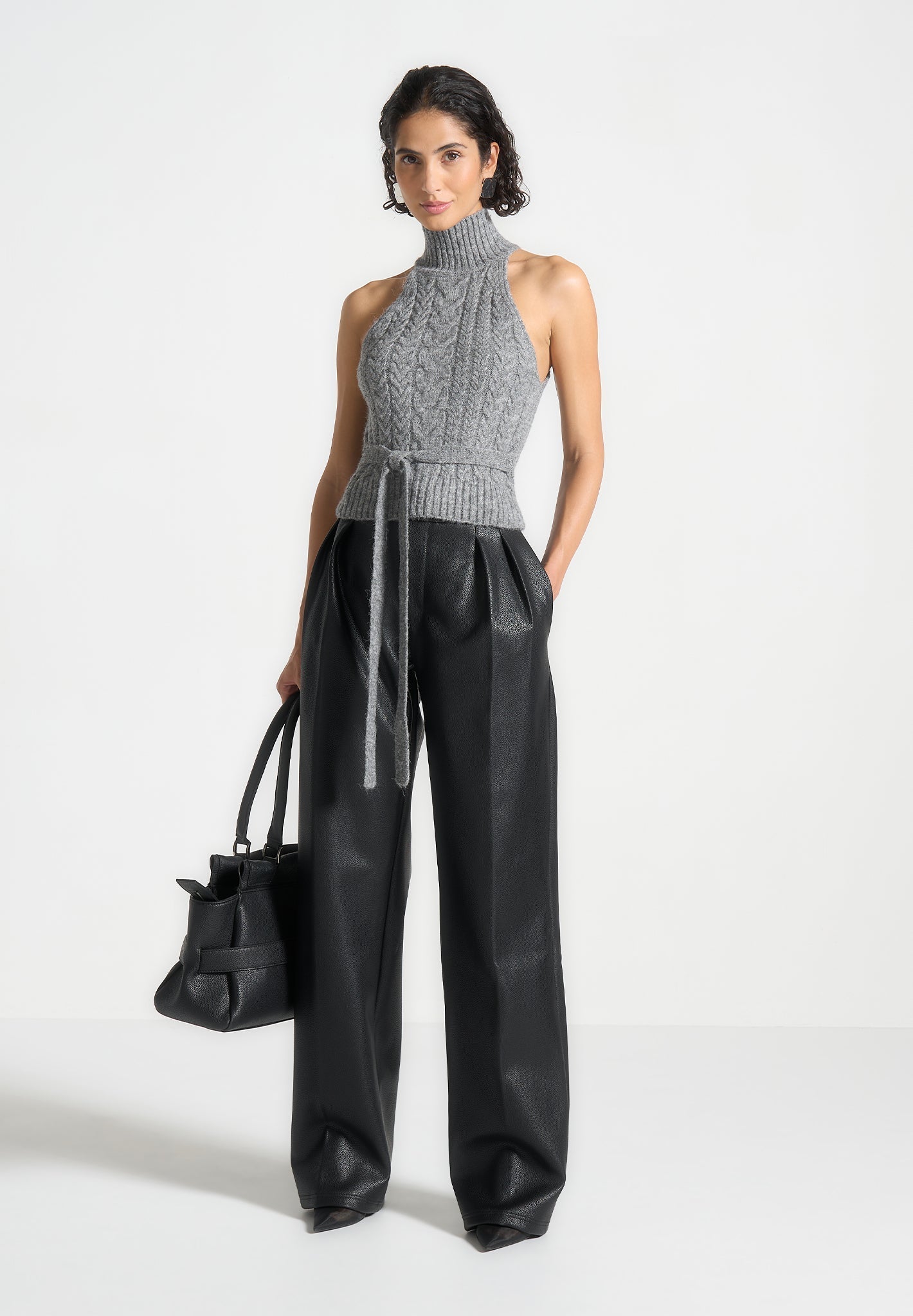 Mirim - Halter Cable Knit Wool Top with Tie - Grey