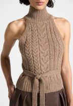 Mirim - Halter Cable Knit Wool Top with Tie - Taupe