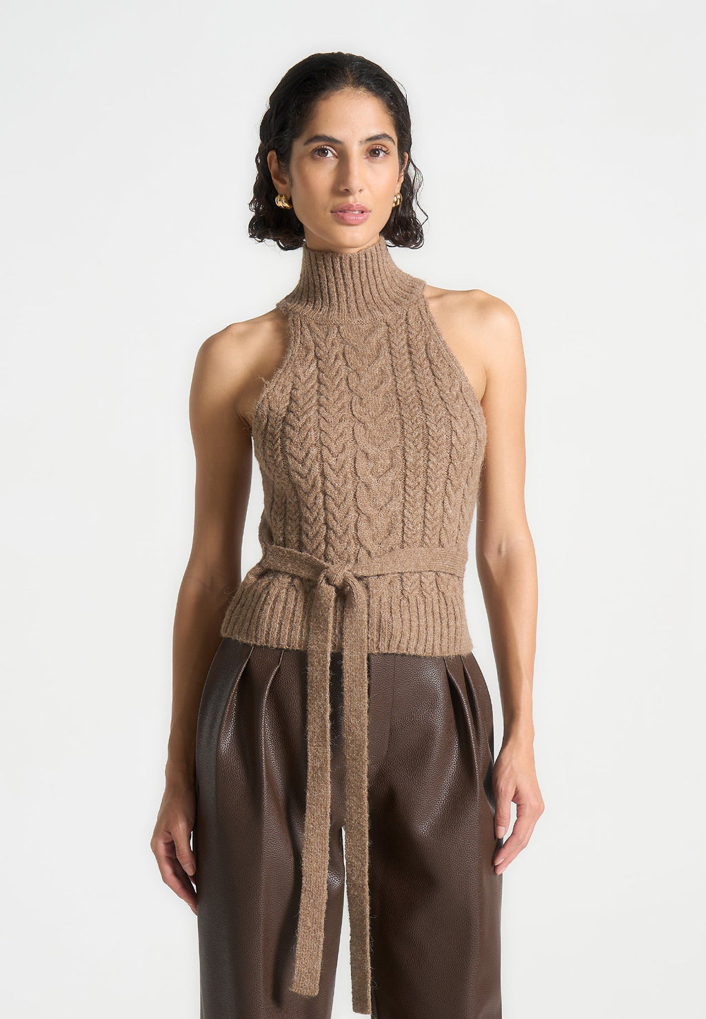 Mirim - Halter Cable Knit Wool Top with Tie - Taupe