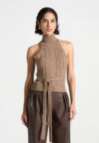 Mirim - Halter Cable Knit Wool Top with Tie - Taupe