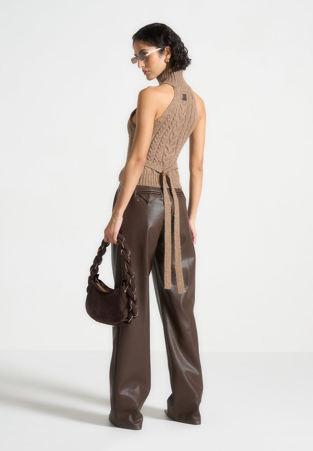 Mirim - Halter Cable Knit Wool Top with Tie - Taupe