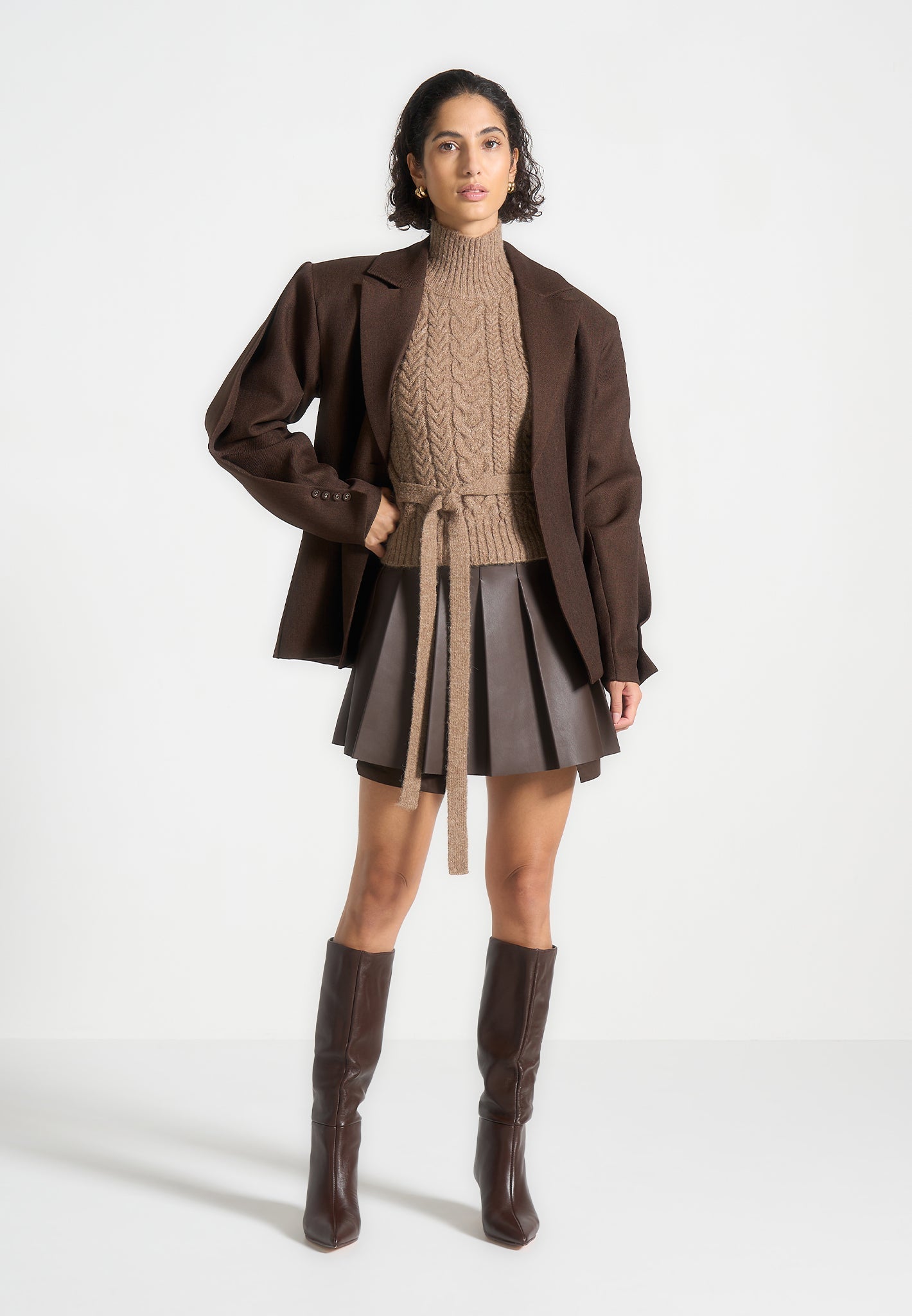 Mirim - Halter Cable Knit Wool Top with Tie - Taupe