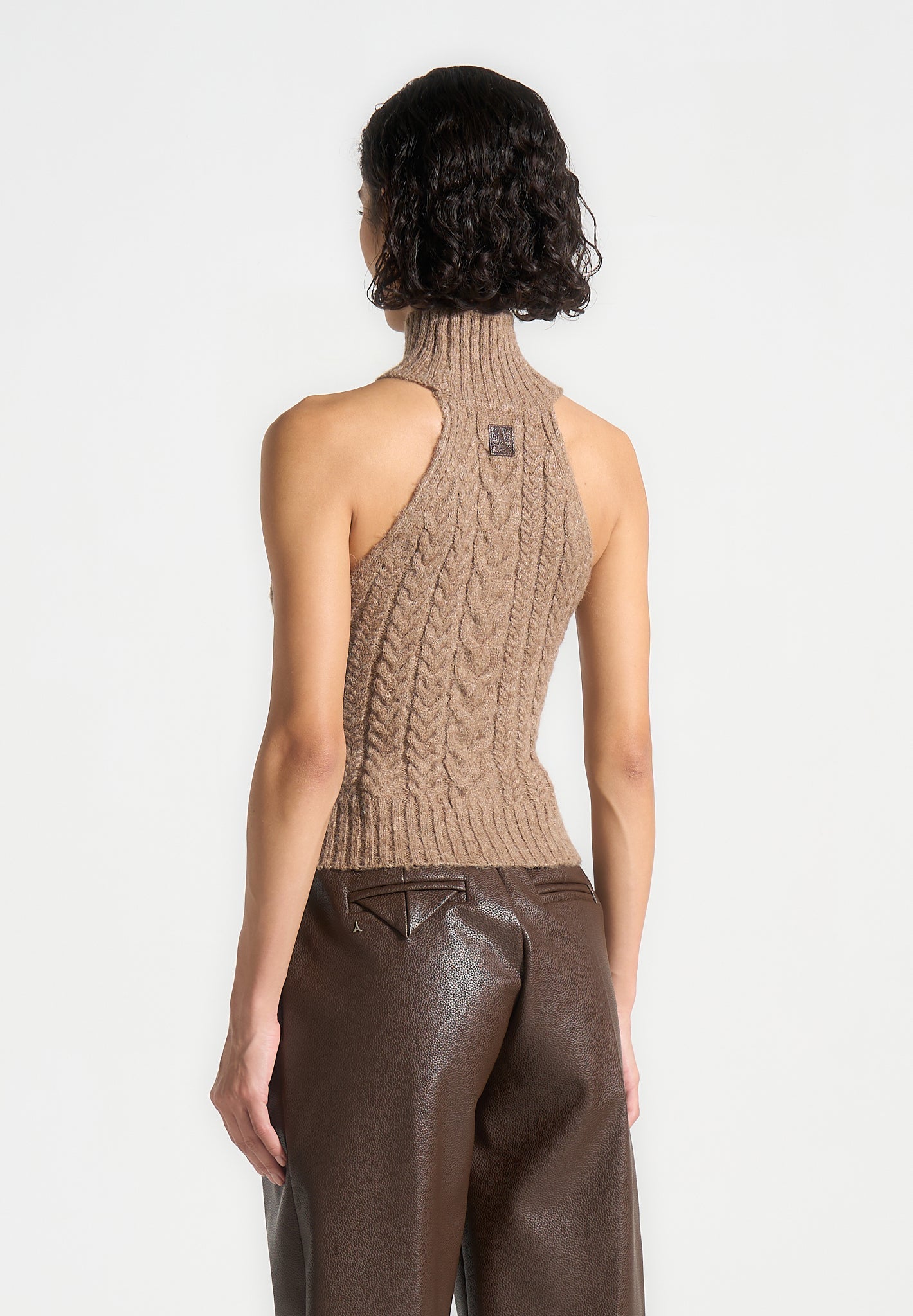 Mirim - Halter Cable Knit Wool Top with Tie - Taupe