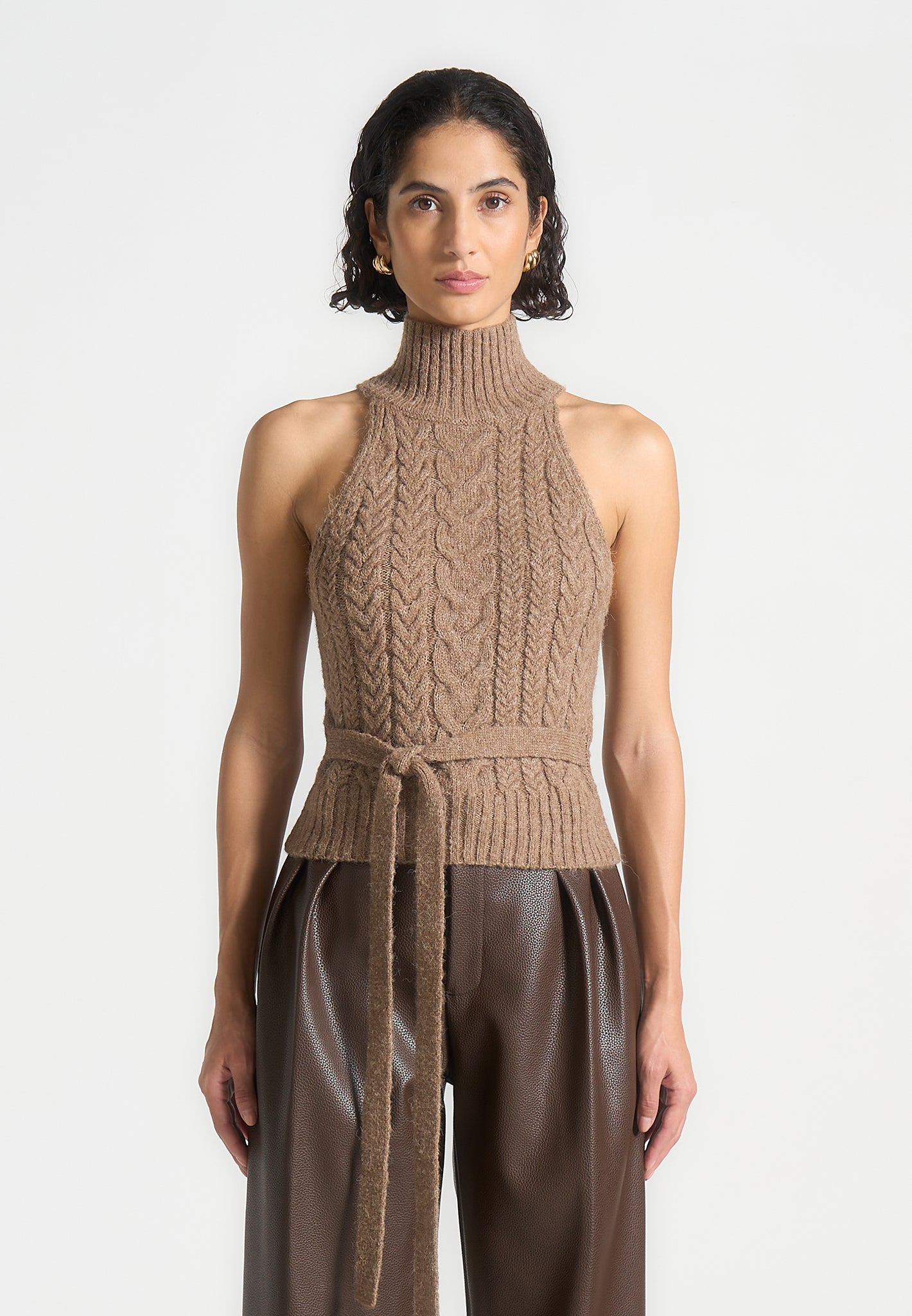 Mirim - Halter Cable Knit Wool Top with Tie - Taupe