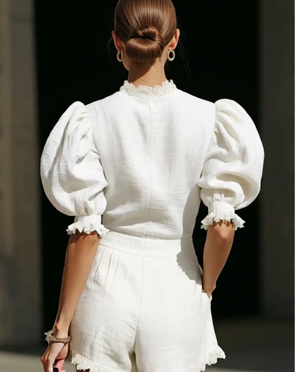 White Lace Trim Puff Sleeve Short Set