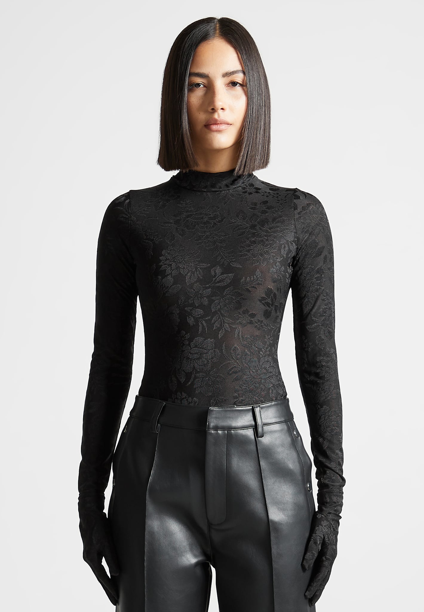 Ivy - Jacquard Bodysuit with Gloves - Black
