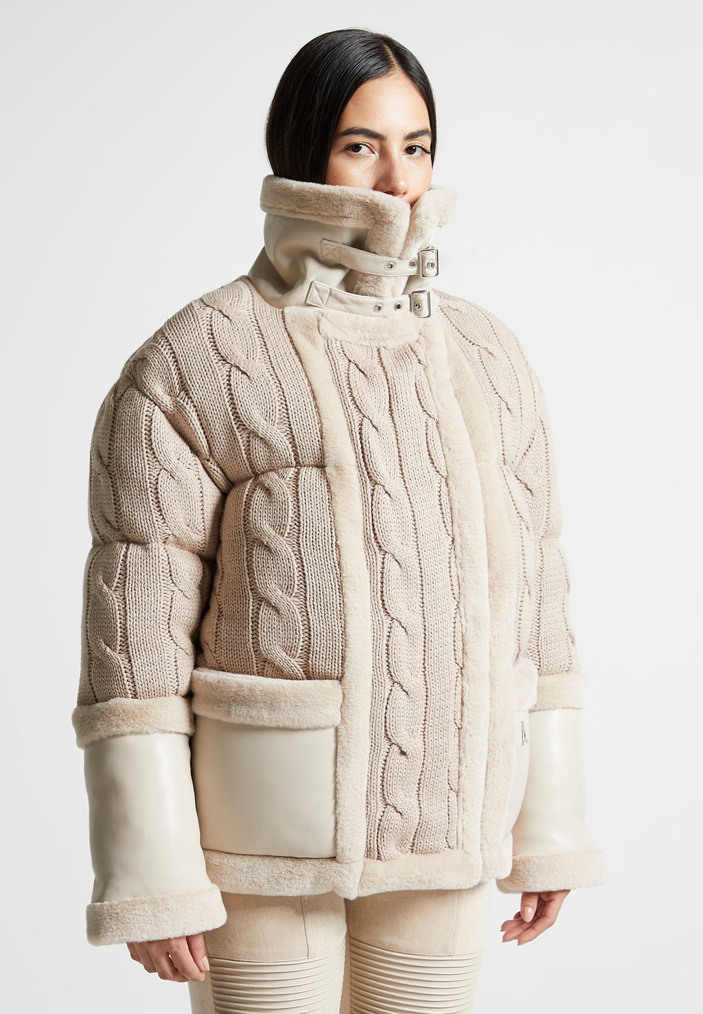 Tara - Knit and Plush Puffer Biker Jacket - Beige