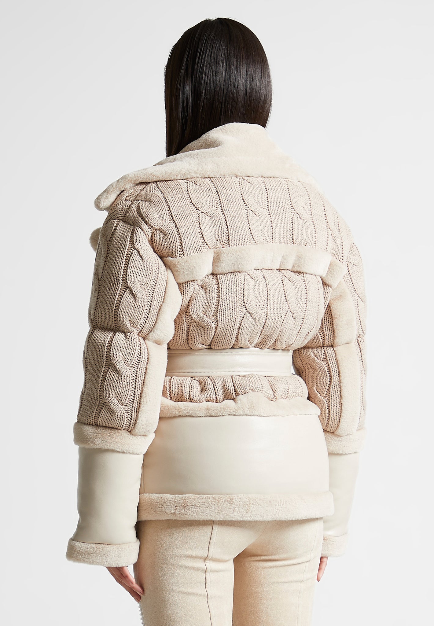 Tara - Knit and Plush Puffer Biker Jacket - Beige