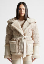 Tara - Knit and Plush Puffer Biker Jacket - Beige