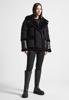 Tara - Knit and Plush Puffer Biker Jacket - Black