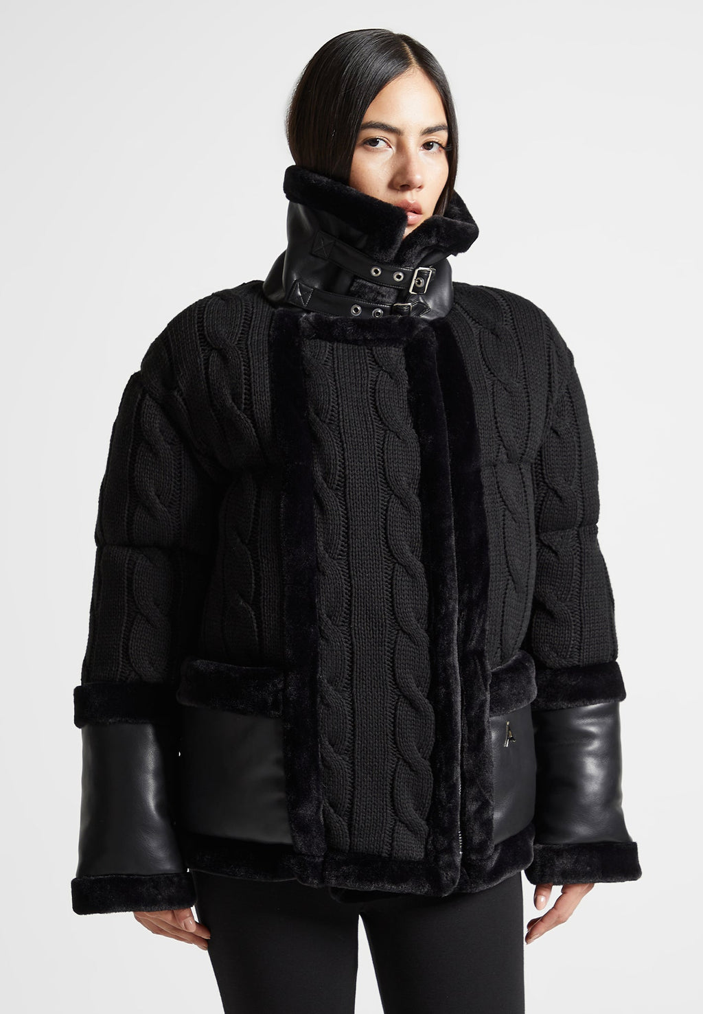 Tara - Knit and Plush Puffer Biker Jacket - Black