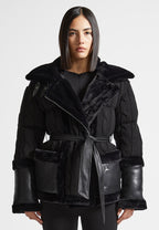 Tara - Knit and Plush Puffer Biker Jacket - Black