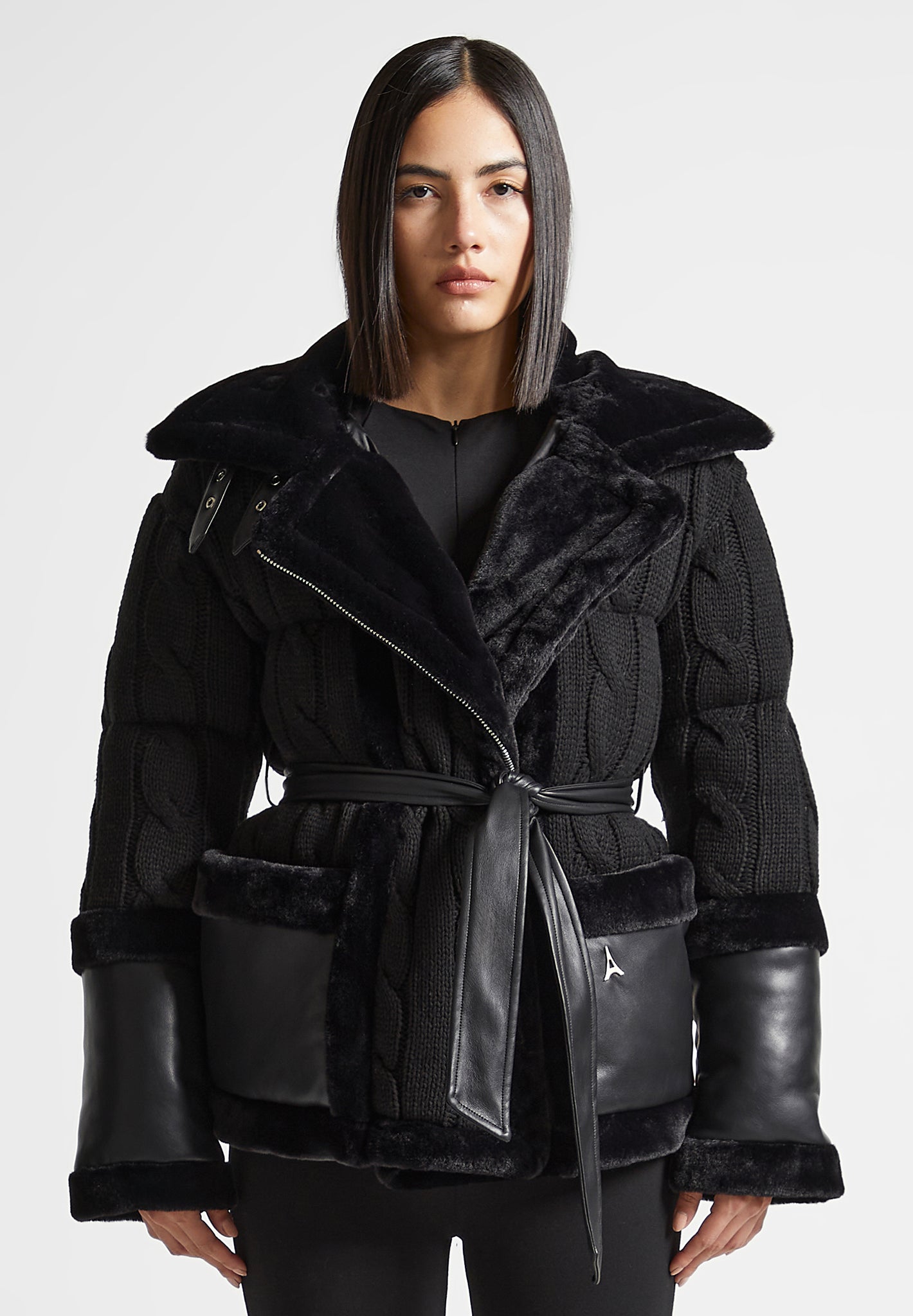 Tara - Knit and Plush Puffer Biker Jacket - Black
