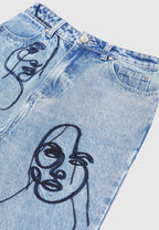 Audrey - Line Art Straight Leg Jeans - Mid Blue