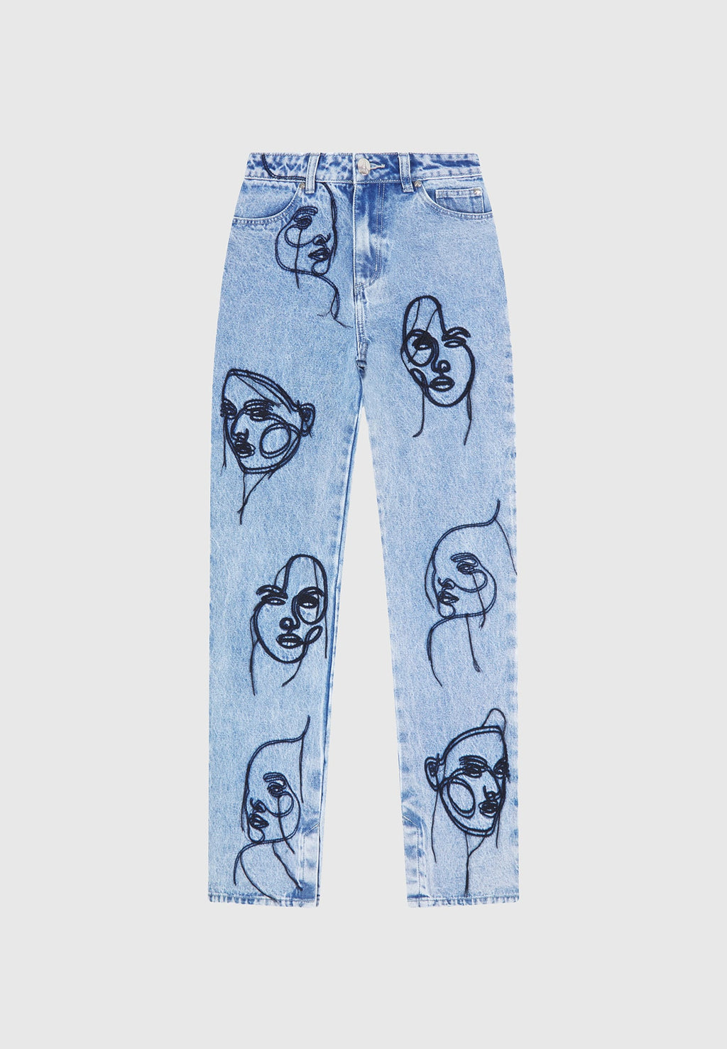 Audrey - Line Art Straight Leg Jeans - Mid Blue