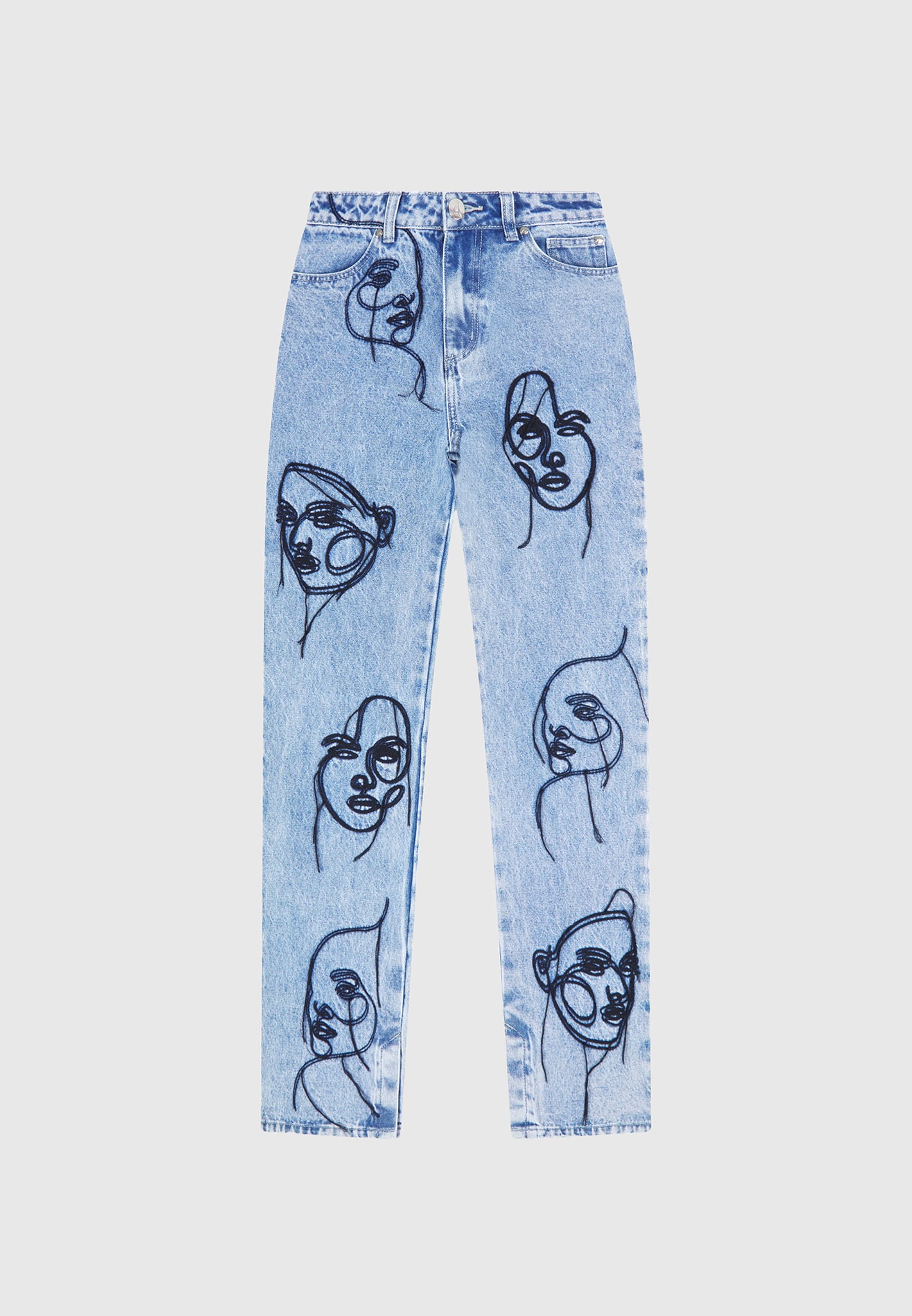Audrey - Line Art Straight Leg Jeans - Mid Blue