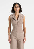 Thea - Mesh Ruched Waistcoat - Mushroom