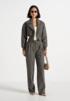 Cosette - Herringbone Wool Lapel Bomber Jacket - Grey