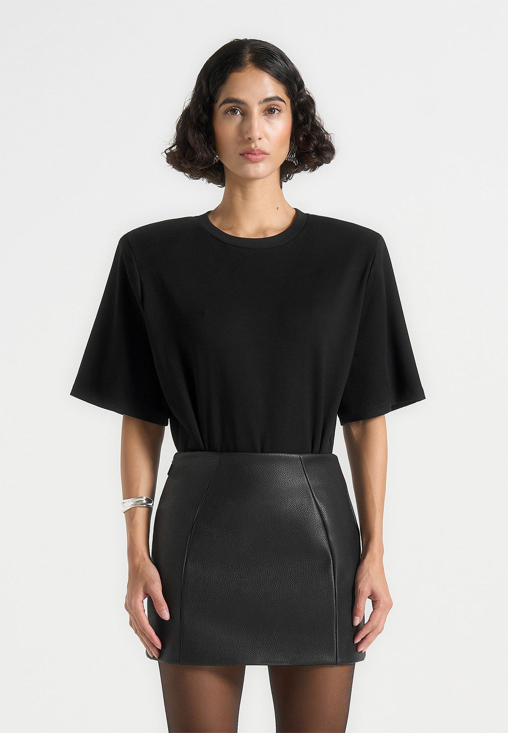 Mia - Wide Shoulder Bodysuit T-Shirt - Black