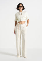 Alba - Tweed Mock Neck Curve Detailing Top - Cream