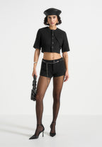 Alba - Tweed Mock Neck Curve Detailing Top - Black