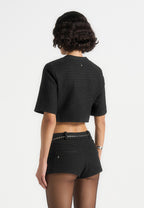 Alba - Tweed Mock Neck Curve Detailing Top - Black