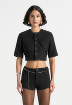 Alba - Tweed Mock Neck Curve Detailing Top - Black