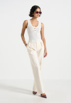 Nora - Pointelle Knitted Vest with Knot Button - Cream