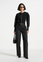 Knitted Cinch Waist Cardigan - Black