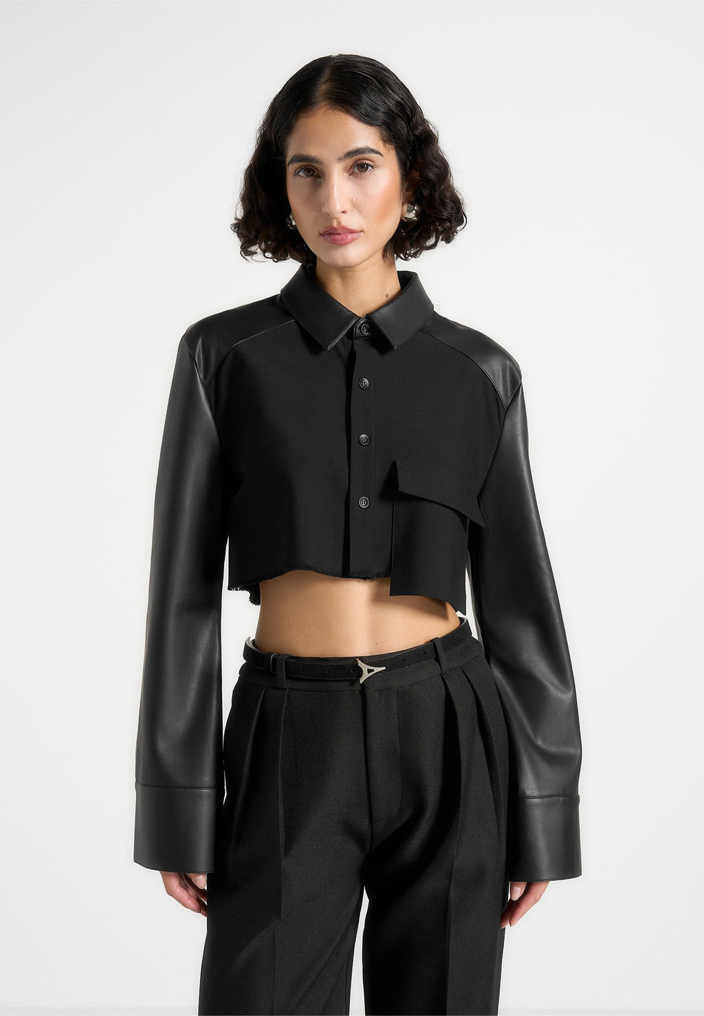 Bernadette - Leather Contrast Cropped Shirt - Black