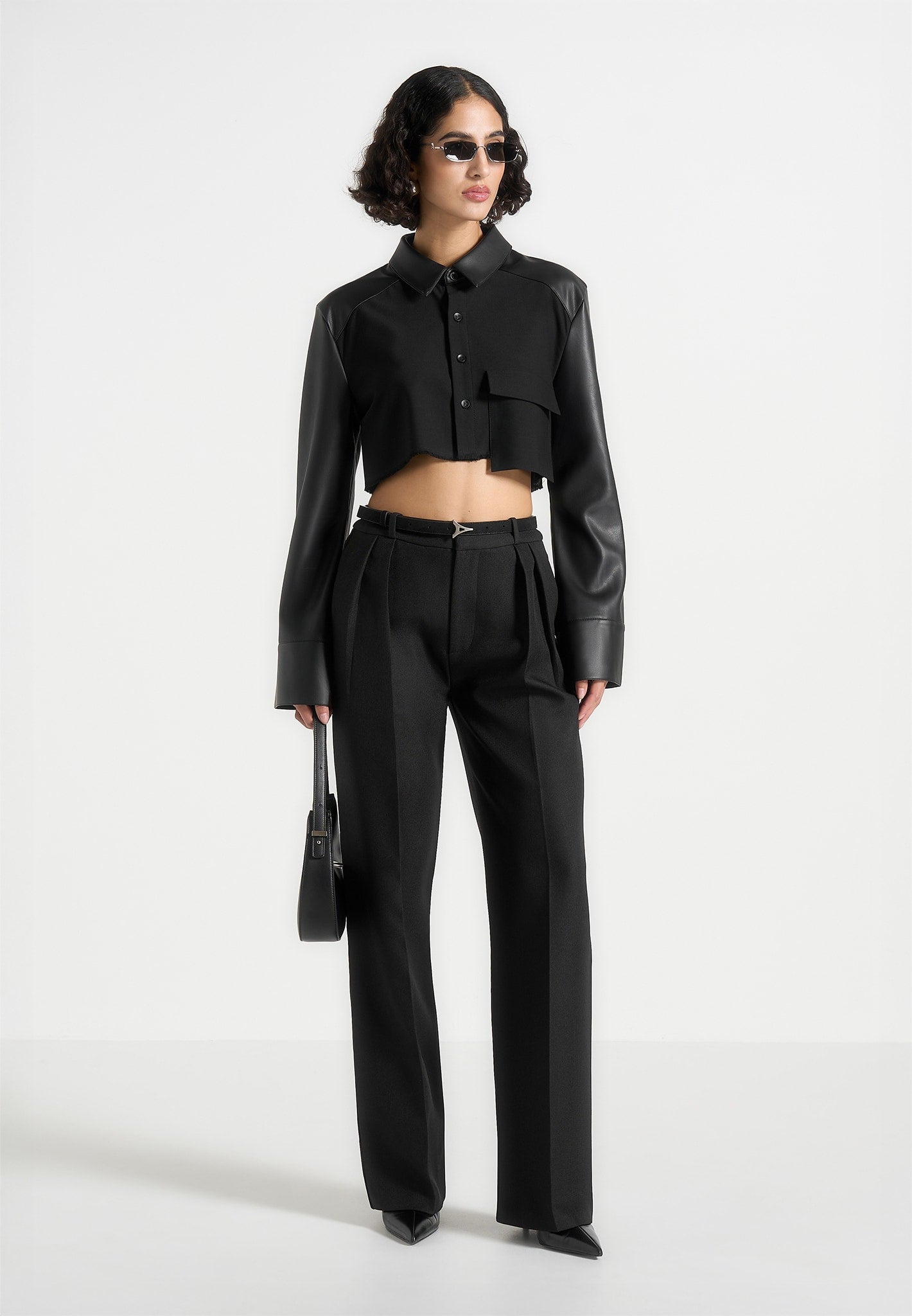 Bernadette - Leather Contrast Cropped Shirt - Black