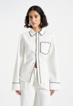Contrast Piped Backless Tie Shirt - White/Black