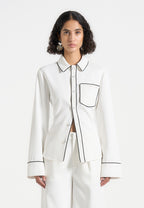 Contrast Piped Backless Tie Shirt - White/Black
