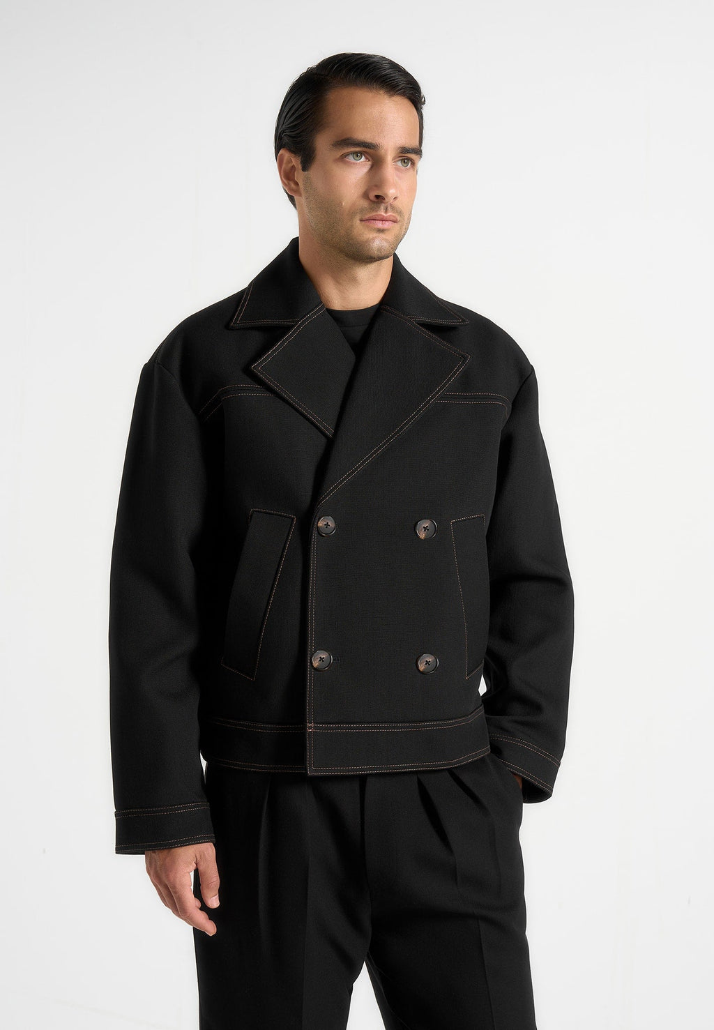 Mika - Unisex Tailored Double Breasted Jacket With Contrast Stitch - Black