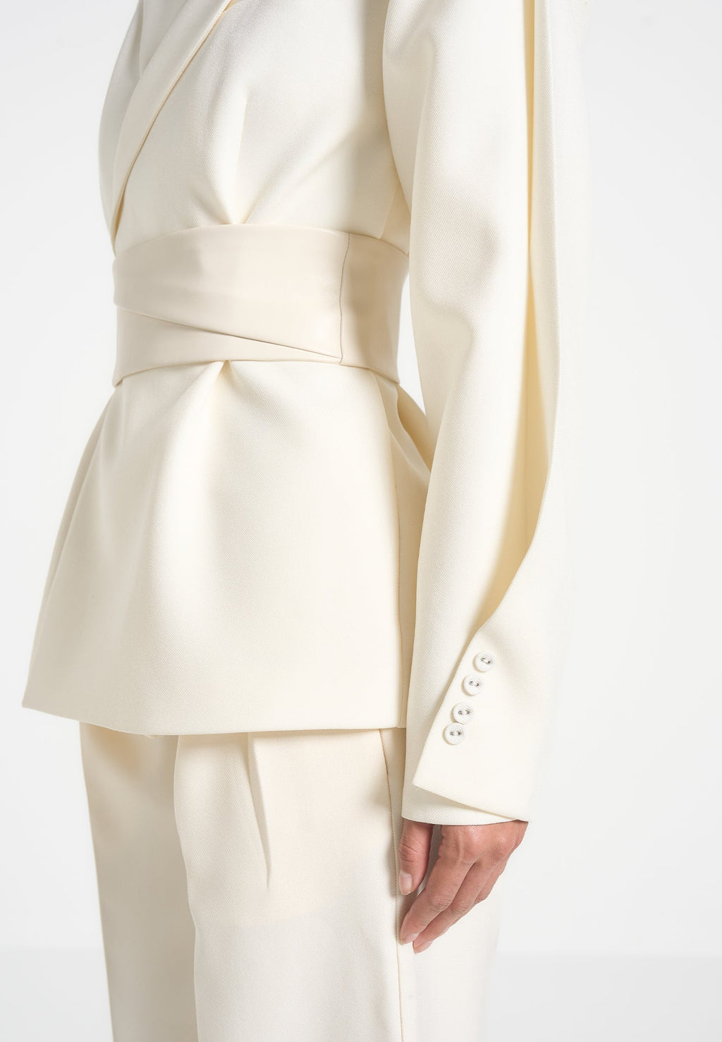 Marie - Twist Sleeve Tailored Blazer with Belt - Off White