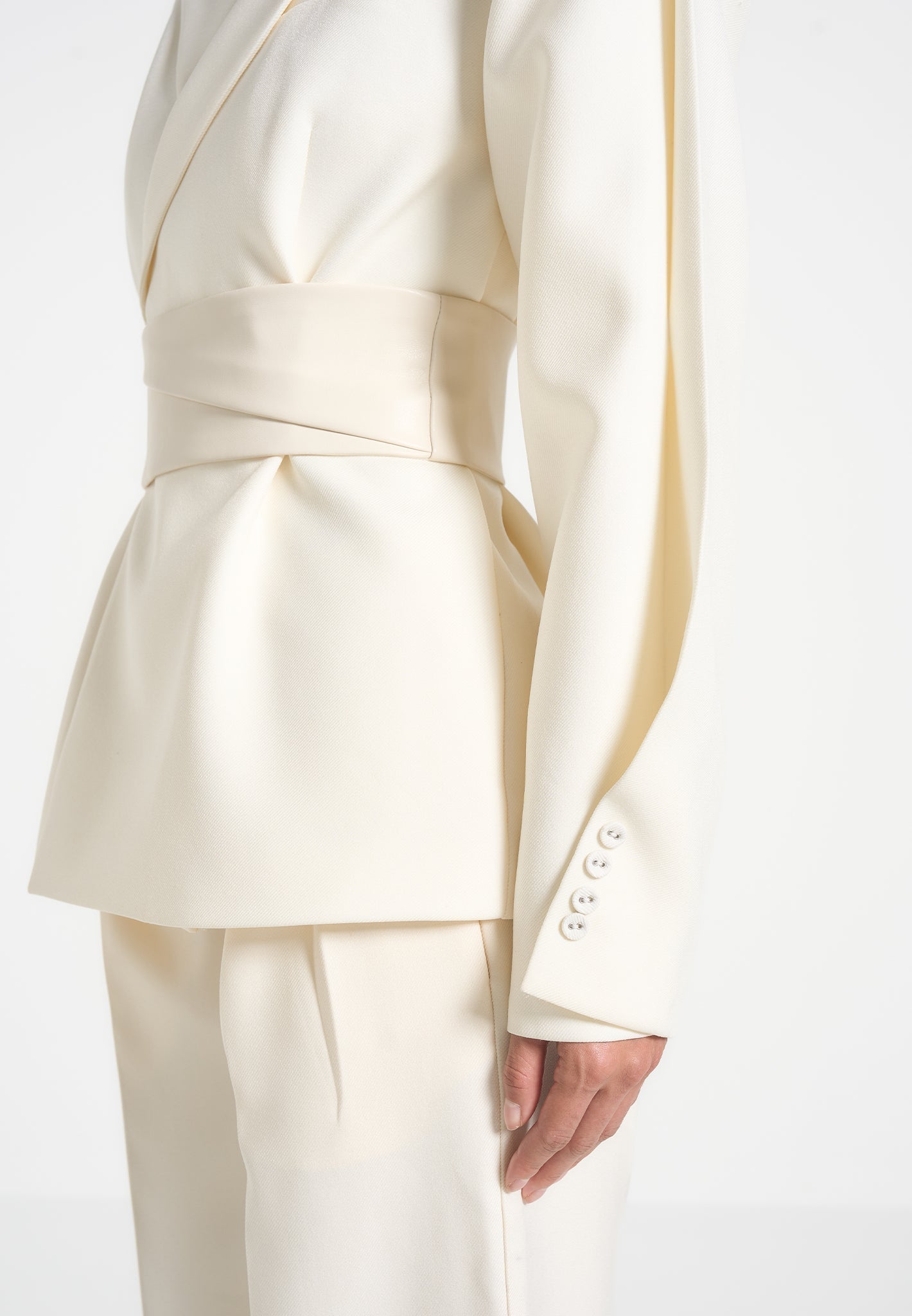Marie - Twist Sleeve Tailored Blazer with Belt - Off White