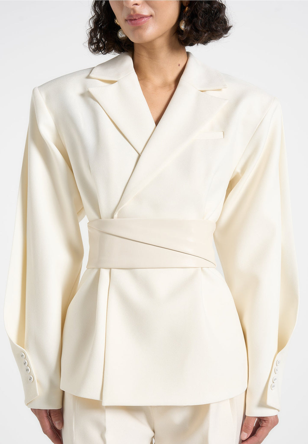 Marie - Twist Sleeve Tailored Blazer with Belt - Off White
