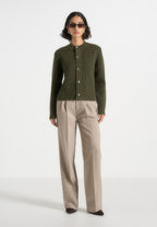 Alix - Unisex Crewneck Ribbed Knit Cardigan - Olive