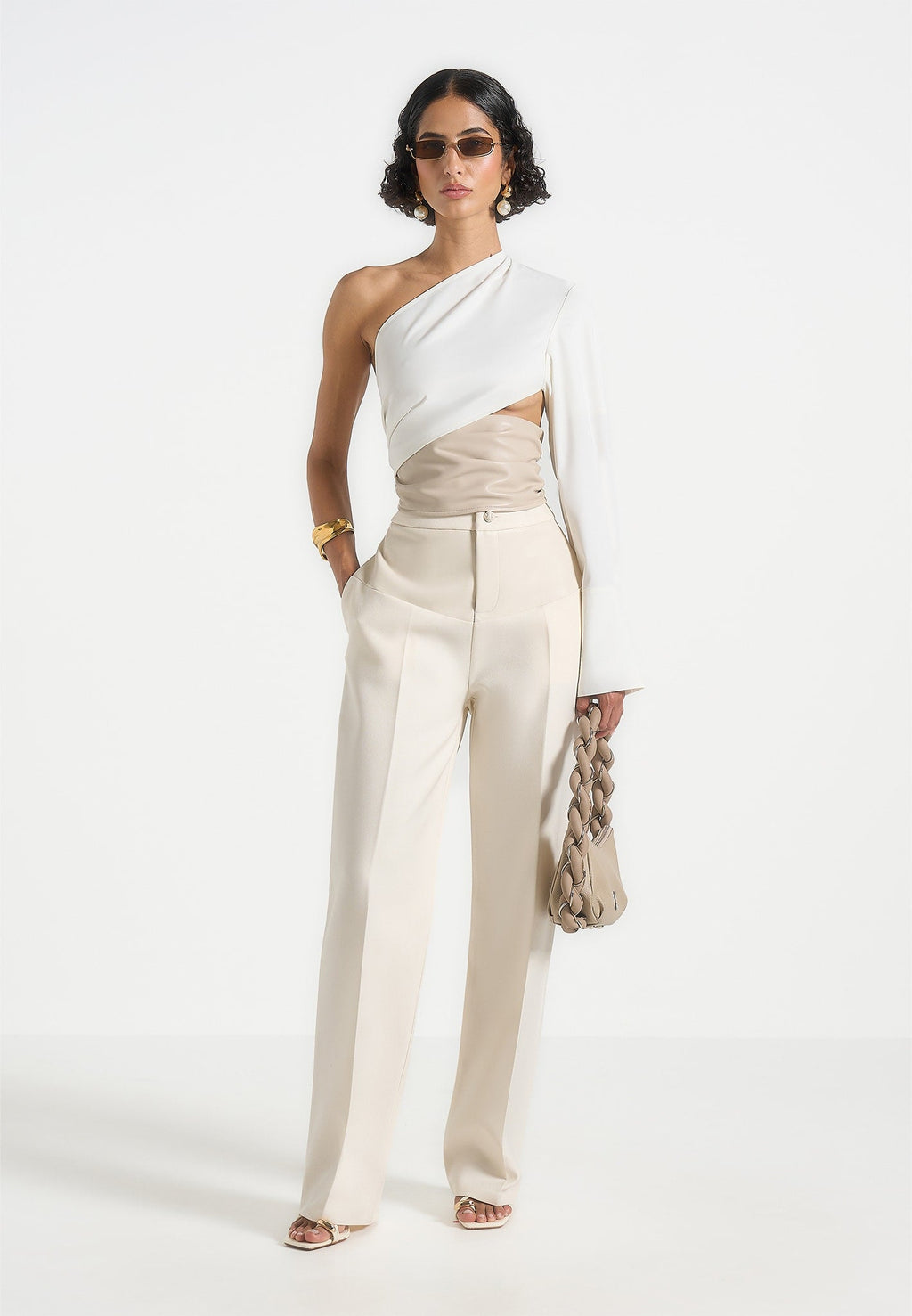 Coralie - One Sleeve Leather Wrap Top - White
