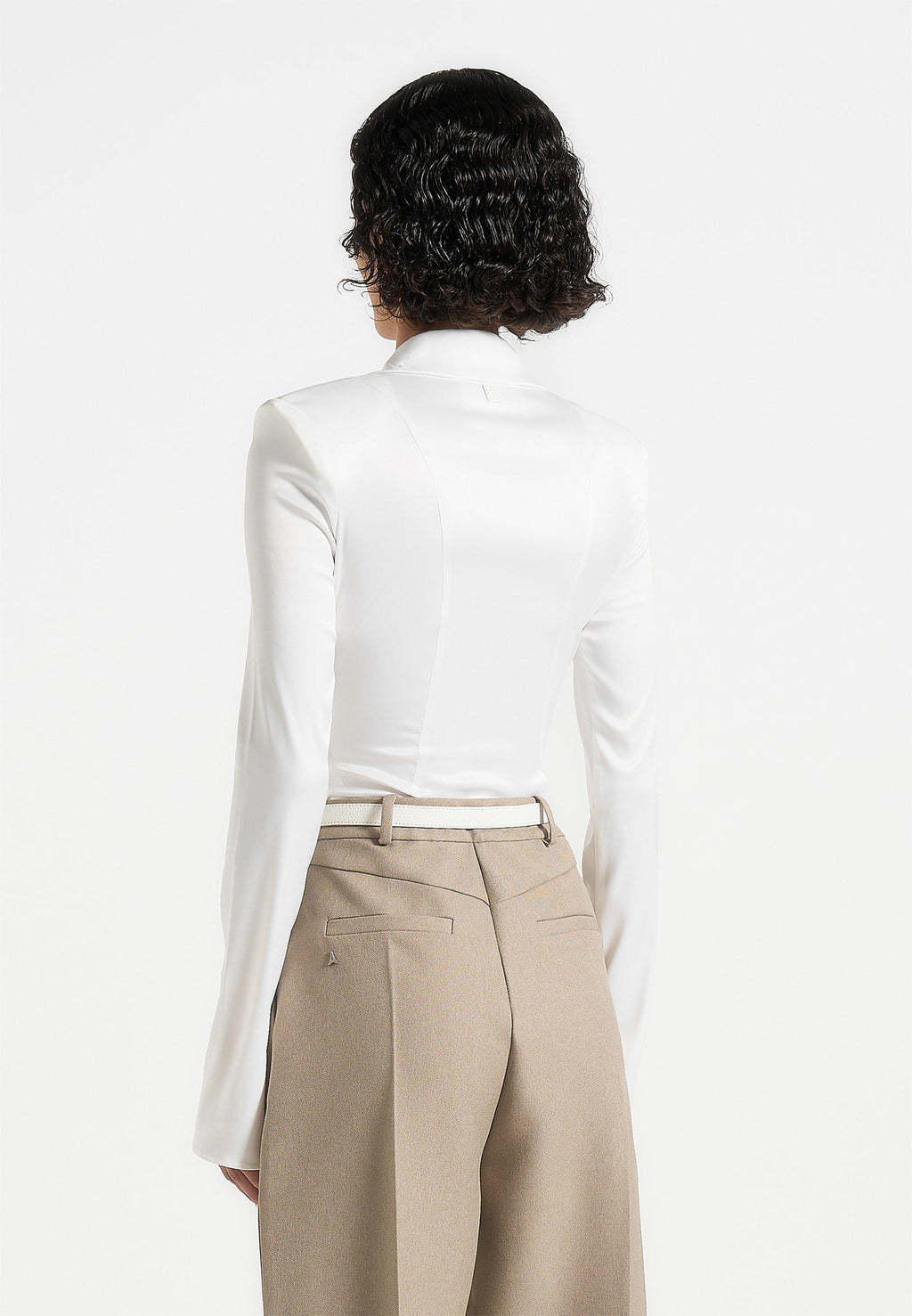 Louise - Wide Shoulder Satin Shirt Bodysuit - Off White
