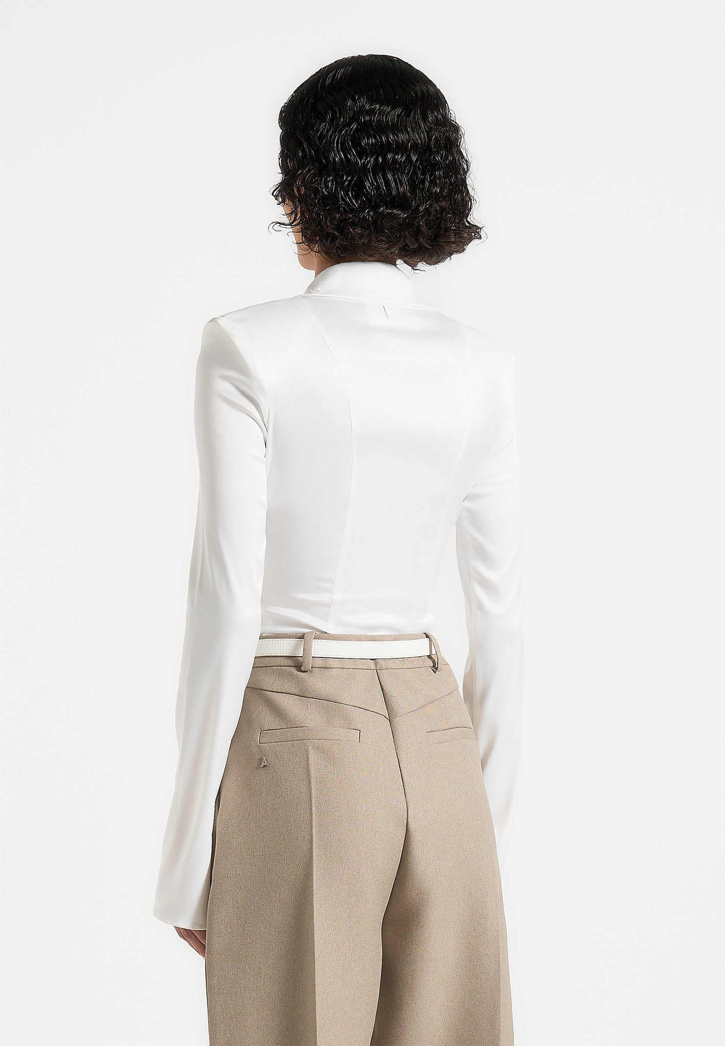 Louise - Wide Shoulder Satin Shirt Bodysuit - Off White