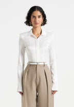 Louise - Wide Shoulder Satin Shirt Bodysuit - Off White
