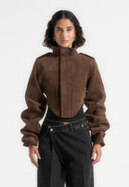 Solange - Suede Tacked Sleeve Corset Jacket - Brown