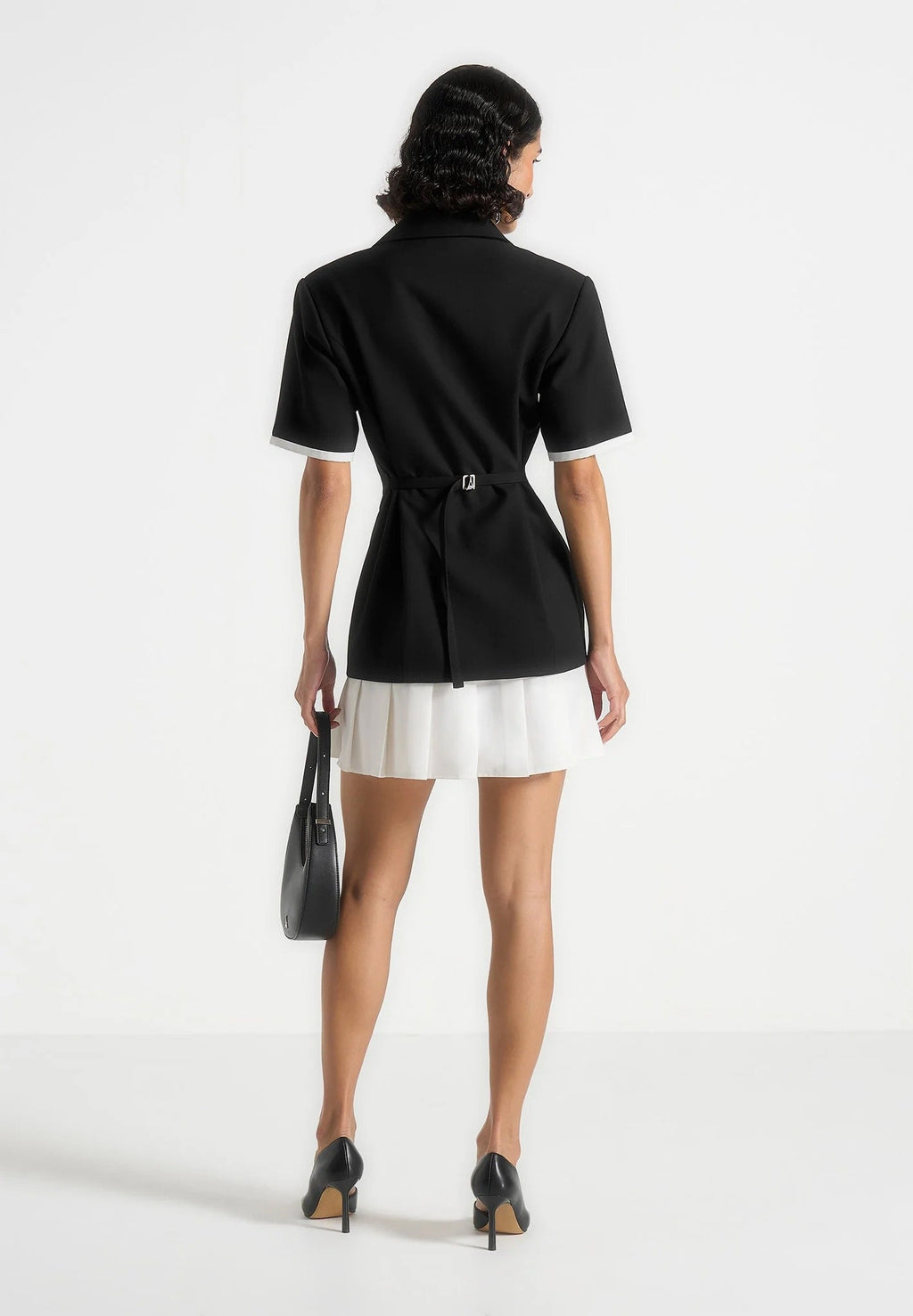 Baya - Tailored Cinch Waist Pleated Blazer Dress - Black