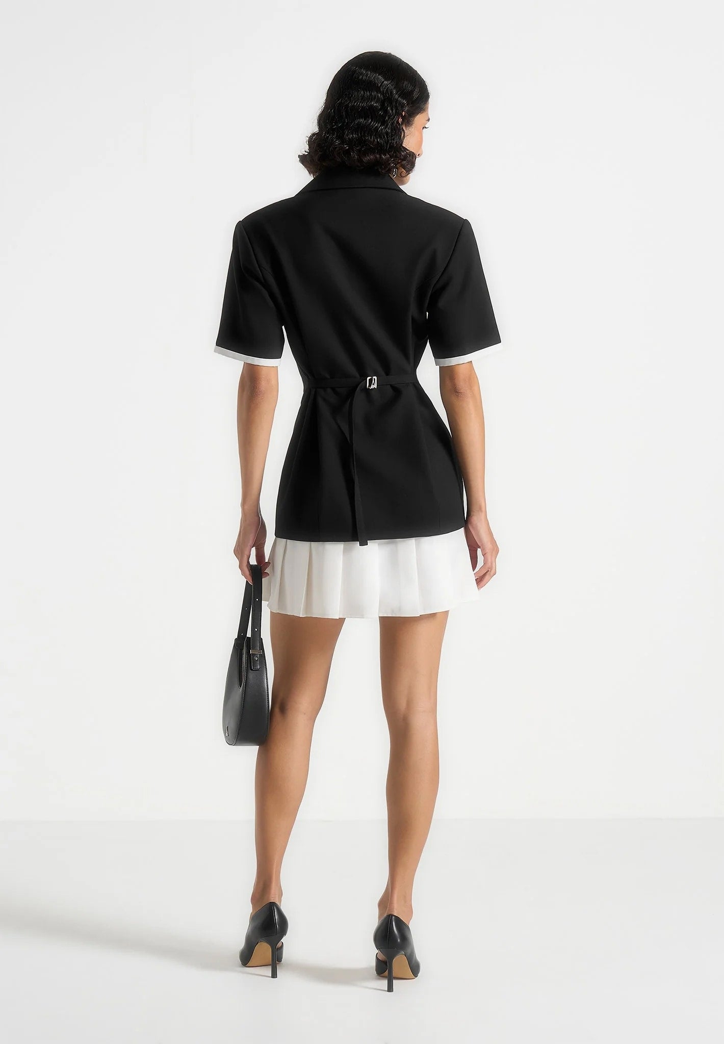 Baya - Tailored Cinch Waist Pleated Blazer Dress - Black