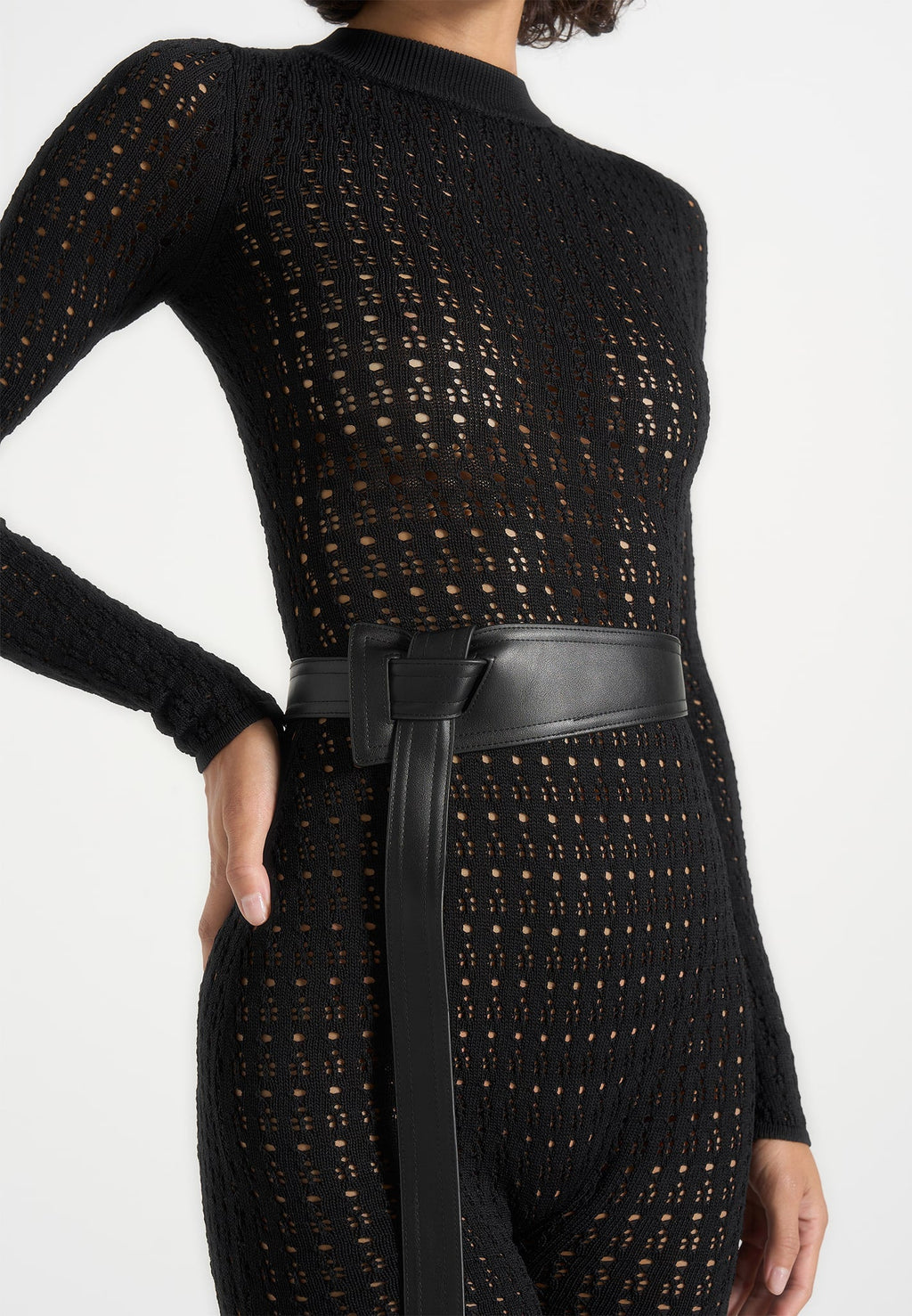 Tiana - Pointelle Knit Long Sleeve Jumpsuit with Belt - Black