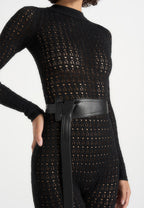 Tiana - Pointelle Knit Long Sleeve Jumpsuit with Belt - Black