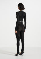 Tiana - Pointelle Knit Long Sleeve Jumpsuit with Belt - Black