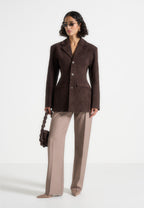 Claire - Suede Wide Shoulder Cinch Waist Blazer - Brown